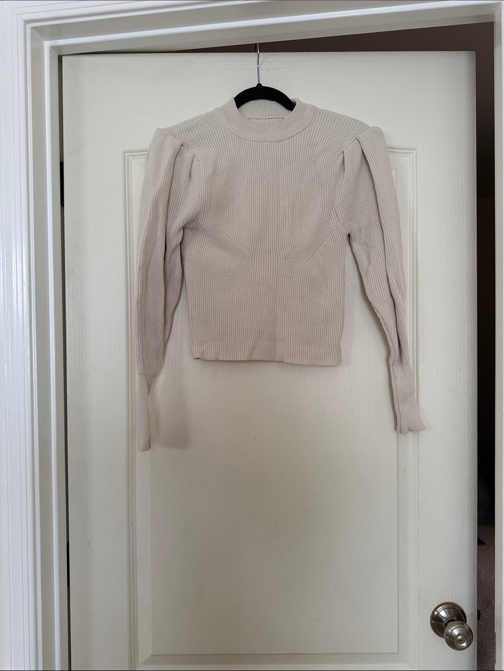 Women's Cream Ribbed Puff-Shoulder Sweater Top